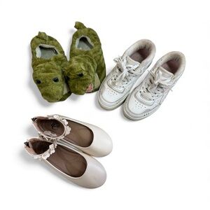 Bundle of kids girl shoes.White sneaker. White doll shoes and Dino slippers